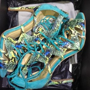 Brian Atwood Tyra- Lace up Teal Snakeskin Heels